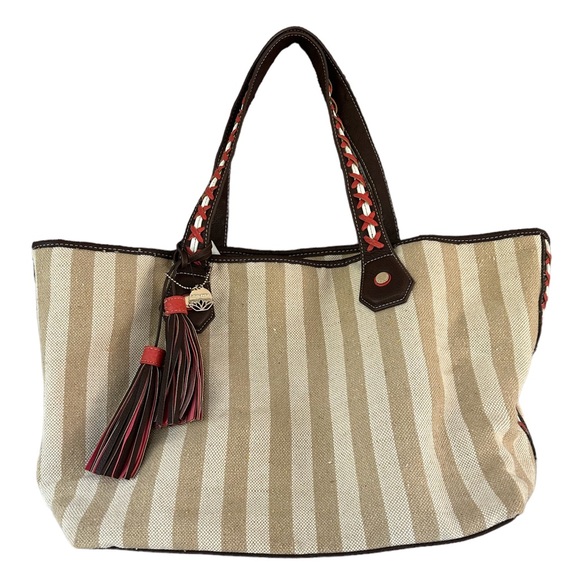 Big Buddha Handbags - Big Buddha Canvas Tan and Cream Stripe Tote Bag NWT